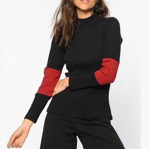 Women's Black Mock Neck Sweater with Red Elbow Panels